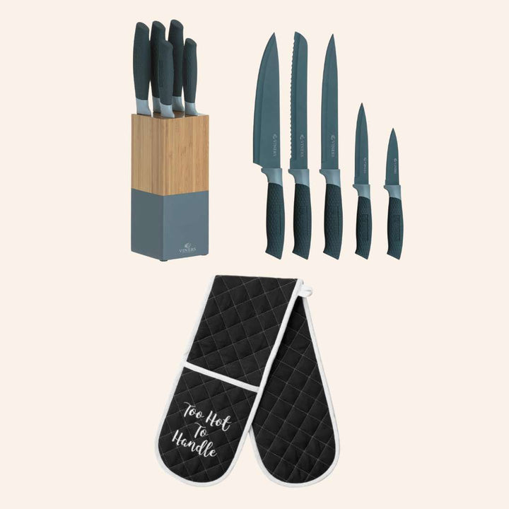 Oven Glove & Premium Knife Block Set - Student Essentials